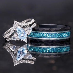 Aquamarine Couple Ring Set, His and Her Wedding Ring Set, Matching Engagement Ring Set, Unique Blue Promise Ring Couples, Personalized Gift