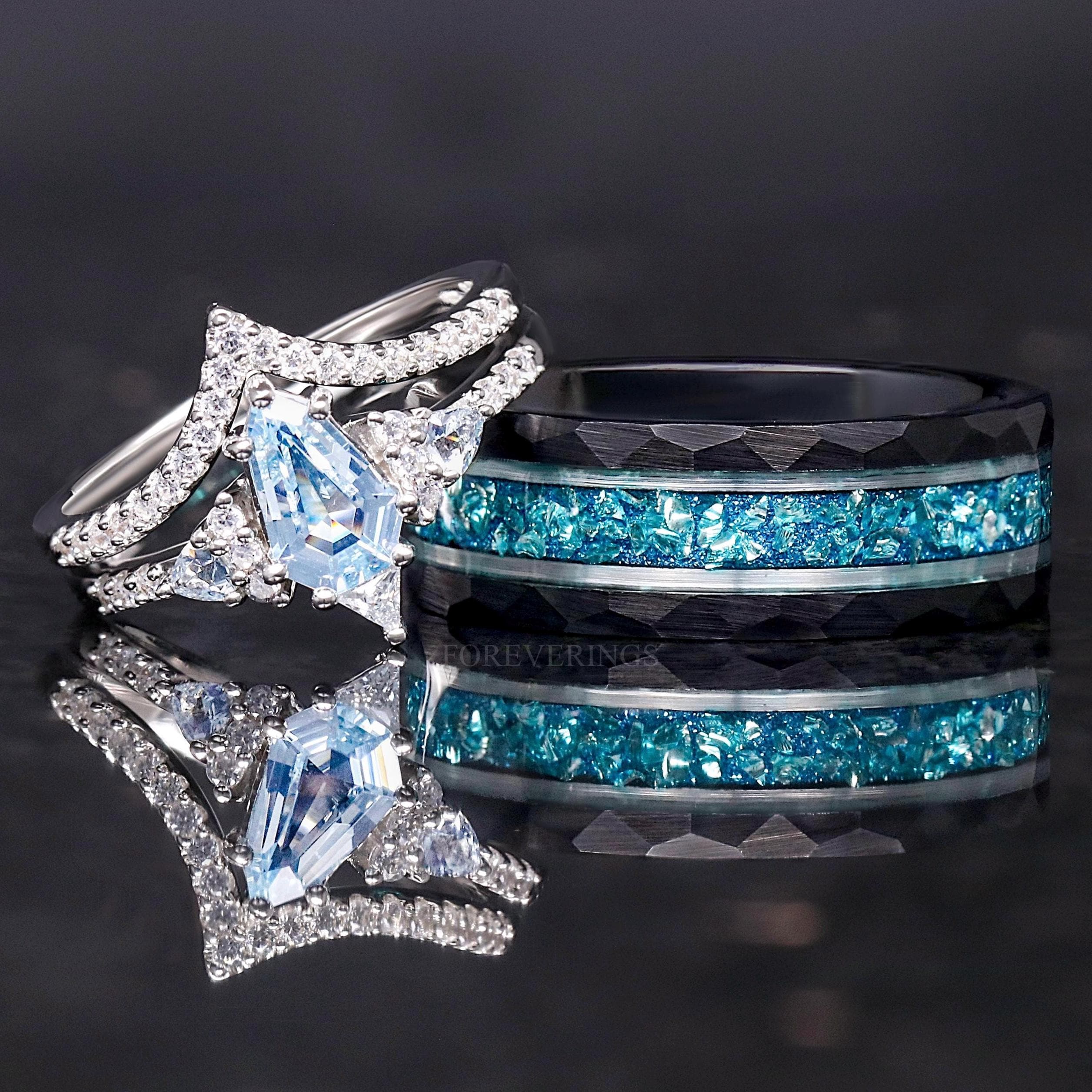 Aquamarine Couple Ring Set, His and Her Wedding Ring Set, Matching