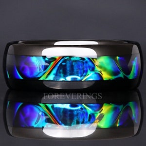 Azure Black Tungsten Band, Blue Nebula Ring, 8mm-4mm Blue Dragon Ring, Unique Space Ring, Dichrolam, Man Woman Wedding Band, Ring Engraving