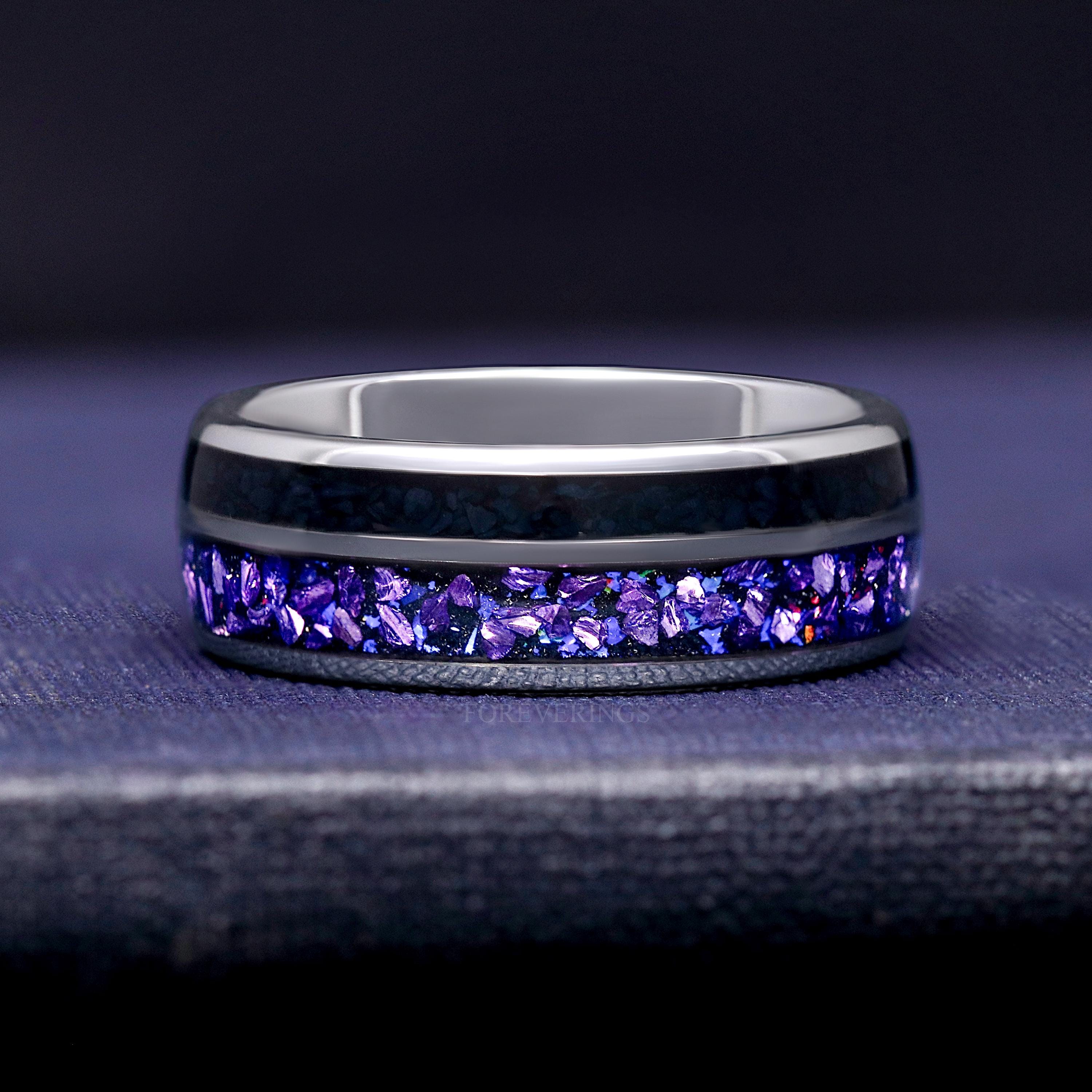 Alexandrite & Onyx Tungsten Ring, Mens Wedding Band, Black and
