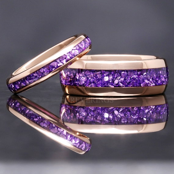 Amethyst Ring Set Rose Gold, His and Her Tungsten Wedding Band