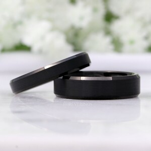 His and Hers Tungsten Wedding Band Set, 4mm, 6mm, Black Ring, Mens Womens Ring, Comfort Fit, Matte, Couples Ring, Beveled image 9