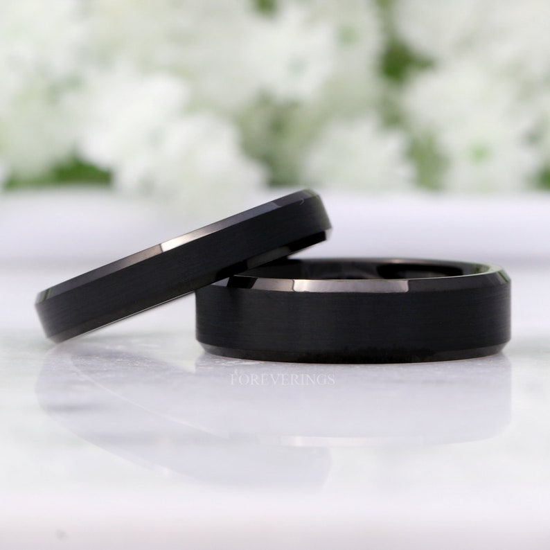 His and Hers Tungsten Wedding Band Set, 4mm, 6mm, Black Ring, Mens Womens Ring, Comfort Fit, Matte, Couples Ring, Beveled image 9