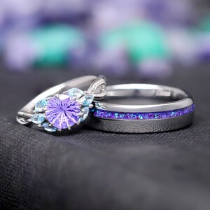 Borealis Couples Ring Set – Matching Wedding Bands, Nesta His & Hers Rings, Amethyst, Aquamarine, Northern Lights, Aurora Promise Ring Set