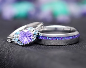 Borealis Couples Ring Set – Matching Wedding Bands, Nesta His & Hers Rings, Amethyst, Aquamarine, Northern Lights, Aurora Promise Ring Set