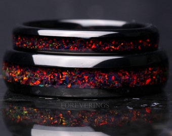 His and Hers Tungsten Wedding Band, 6mm & 4mm Black Rings, Crushed Black Fire Opal Rings, Couples Ring, Polish, Dome, Comfort Fit