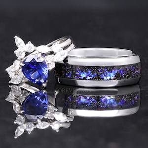 Orion Nebula Ring Set, His and Hers Wedding Band, Sapphire, Silver Ring, Outer Space Couples Ring, Silver Tungsten and 925 Silver
