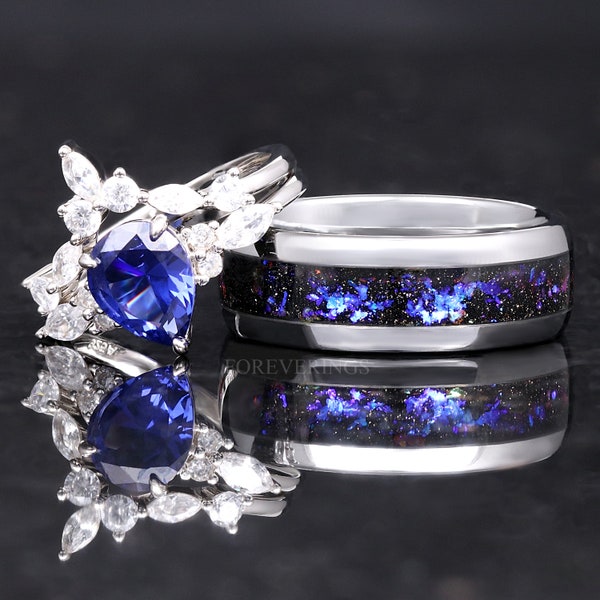 Orion Nebula Ring Set, His and Hers Wedding Band, Sapphire, Silver Ring, Outer Space Couples Ring, Silver Tungsten and 925 Silver