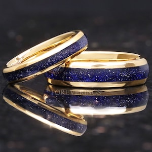 Great Rift Nebula Gold Ring Set, His and Hers Tungsten Wedding Band, 6mm & 4mm Band, Outer Space Couples Ring, Dome, Blue Sandstone Ring