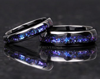 Orion Nebula Ring Set, His and Her Tungsten Wedding Band, 6mm & 4mm Black Ring, Outer Space Couples Ring, Polish, Dome, Comfort Fit