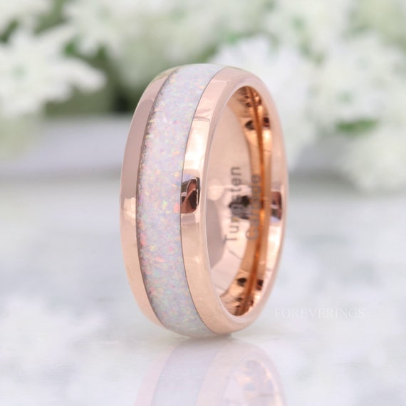 Tungsten 4mm Hammered Rose Gold Ring with Crushed Opal Centre – Tungsten  Titans