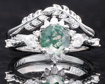 Green Moss Agate Engagement Ring Set, 925 Sterling Silver Moss Agate Ring, Woman Nature Ring, Leaf Promise Ring, Unique Engagement Ring