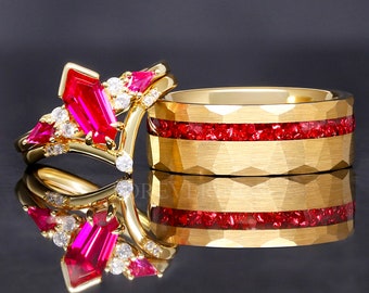 His and Her Ruby Engagement Ring Set, Couple Wedding Ring, Gold Ruby Ring Set, 925 Sterling Silver, Gold Tungsten, Personalized Gift