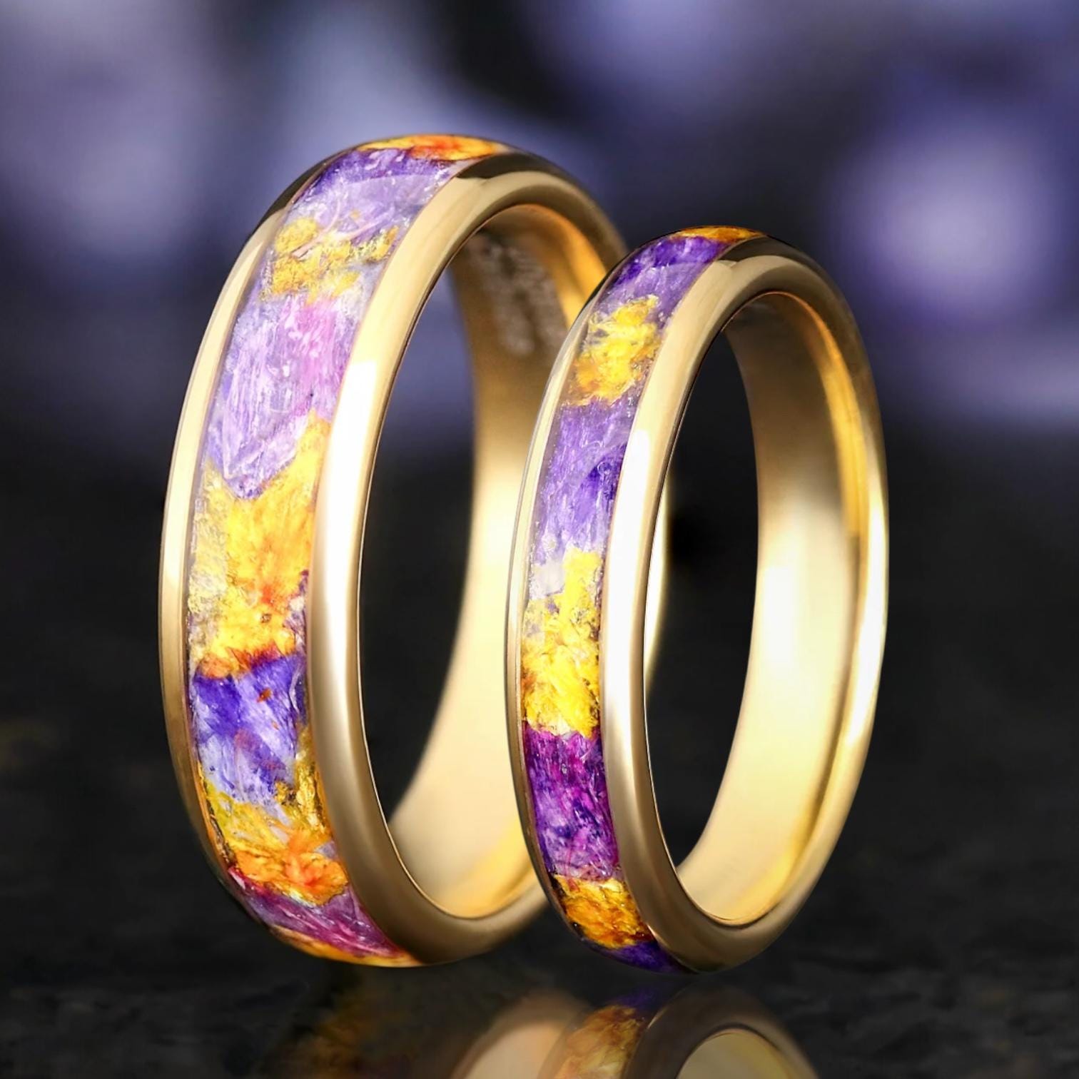 Forget-Me-Not Flower Ring, Gold Tungsten Wedding Band, 4mm 6mm Yellow Gold Comfort Fit, Polished Dome, Unique Men’s Women’s Ring
