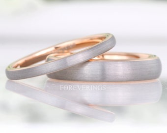 Two Tone Wedding Band, Matte Tungsten Ring, 2mm-4mm Mens Womens Wedding Band, Domed Silver and Rose Gold Ring, Custom Engraved Ring