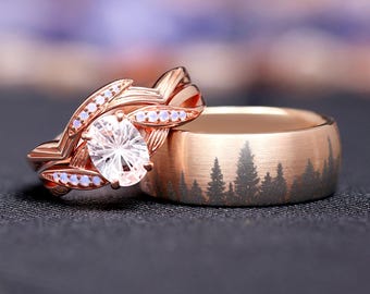 White Lotus Couples Ring Set, His and Her Rings, Matching Rose Gold Band Set, Nature Inspired Rings, Fantasy Cut White Sapphire Flower Ring