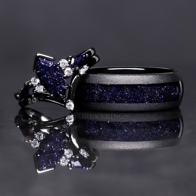 Great Rift Nebula Ring Set Kite Coffin, His and Hers Wedding Band, Black Ring Match, Outer Space Couples Ring, Black Tungsten and 925 Silver image 5