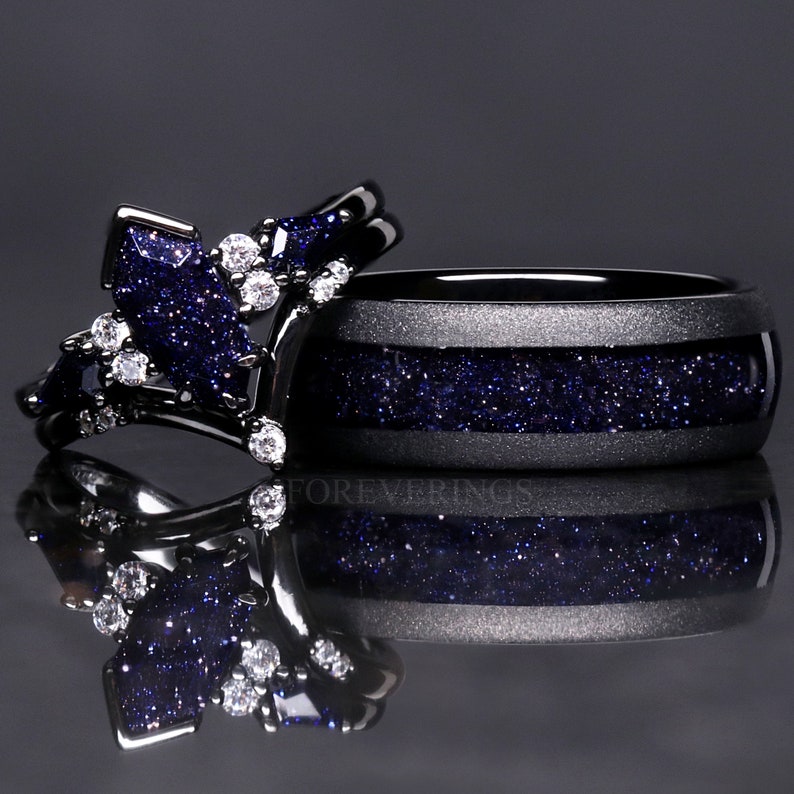 Great Rift Nebula Ring Set Kite Coffin, His and Hers Wedding Band, Black Ring Match, Outer Space Couples Ring, Black Tungsten and 925 Silver image 1