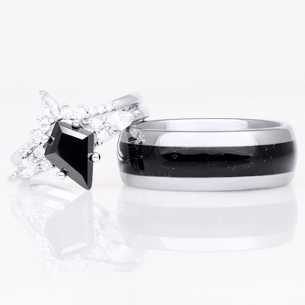 Black Onyx Ring Set, His and Hers Wedding Band, His Silver Tungsten Ring and Her 925 Silver Ring Set, Kite Shaped Ring