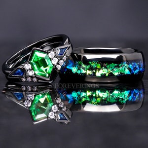 His and Hers Rosette Nebula Wedding Ring Set, Galaxy Engagement Ring Set, Black Wedding Band, Green Tsavorite Ring, Matching Couple Ring