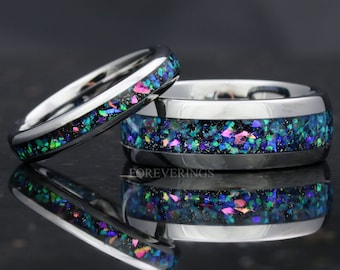 His and Hers Tungsten Wedding Band Set, Galaxy Opal Ring Set, 8mm & 4mm Silver Tungsten Bands, Comfort Fit, Polished, Couples Rings, Dome