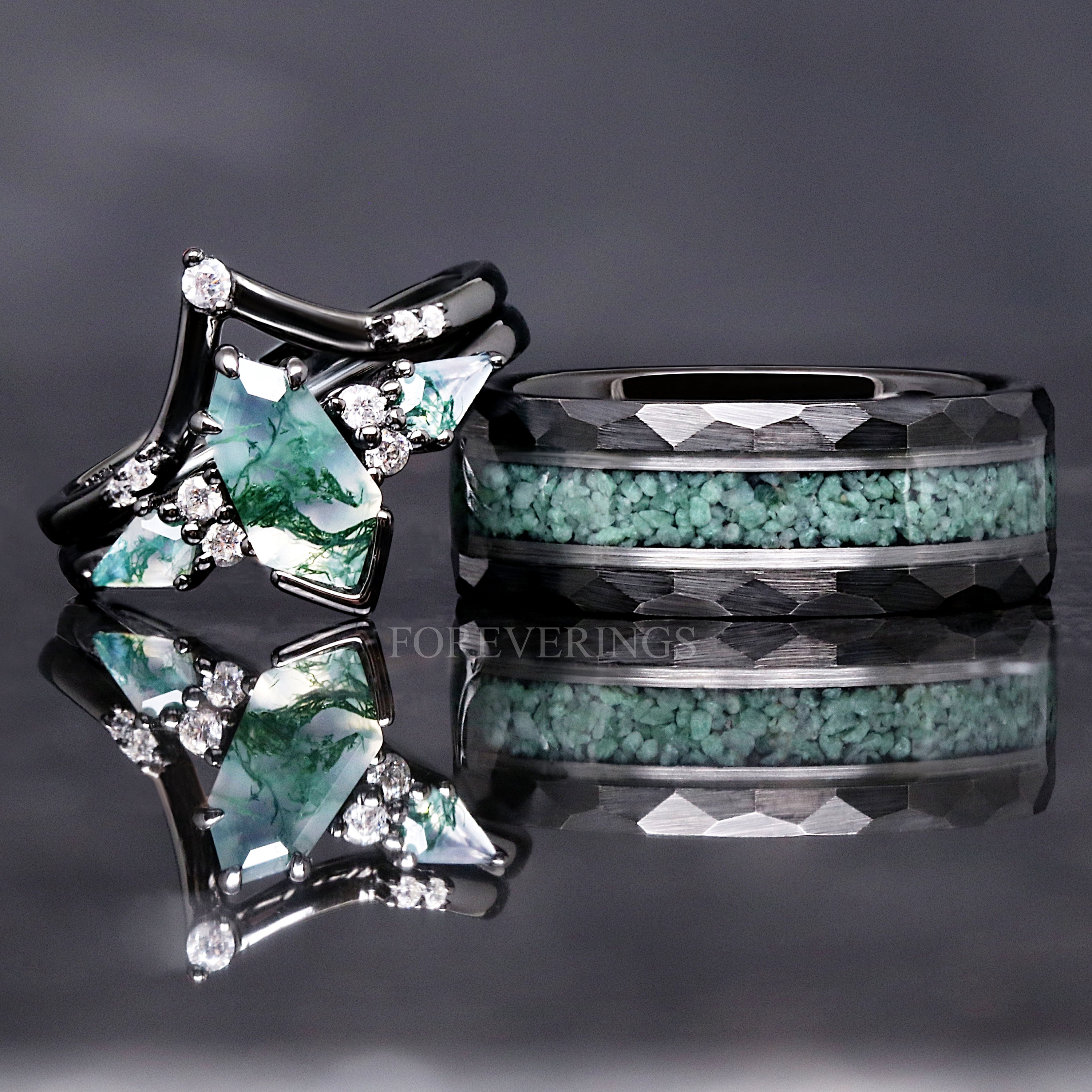 Green Moss Agate Coffin Kite Ring Set, His and Her Wedding Band