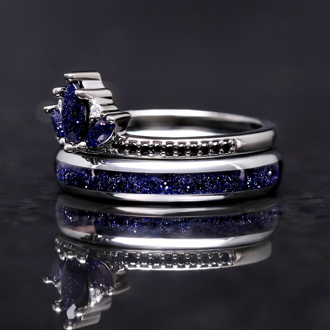 Space Ring Set Lotus Starry Night Ring Set, His and Her Wedding Band Set, Tungsten ...
