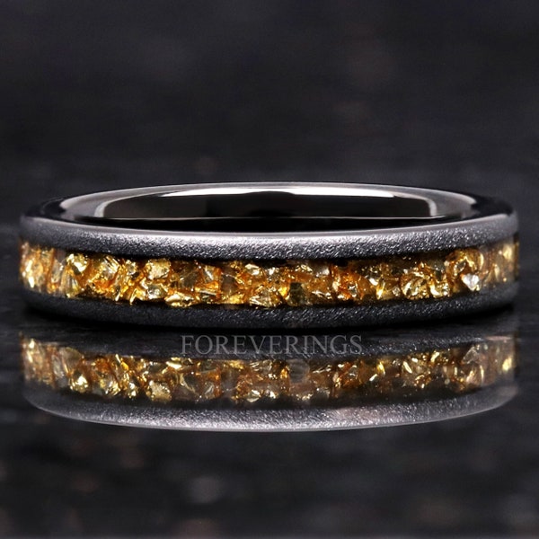 4mm Tungsten Wedding Band, Crushed Citrine Glass Stones, Black Ring, Citrine Ring, Women Men Ring, Sandblasted, Flat, Comfort Fit