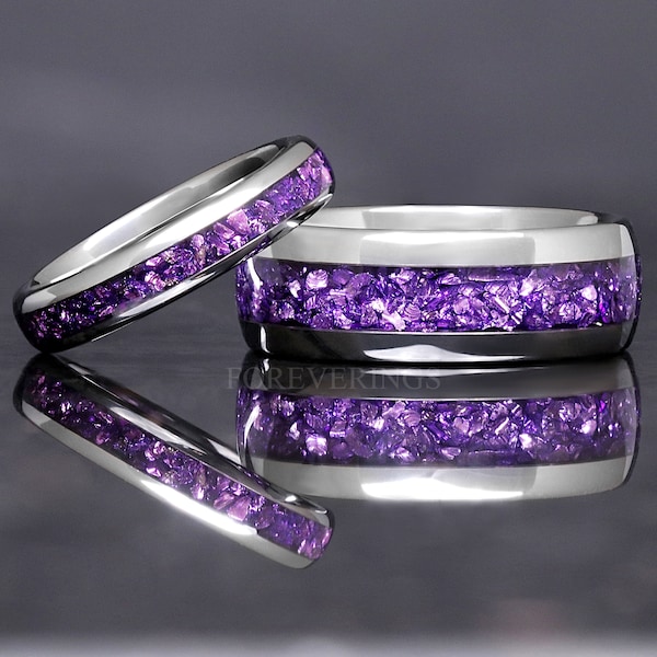 Silver Alexandrite Ring Set, His and Her Tungsten Wedding Band, 8mm & 4mm Ring Set, Purple Ring, Matching Couples Ring Set, Promise Ring Set