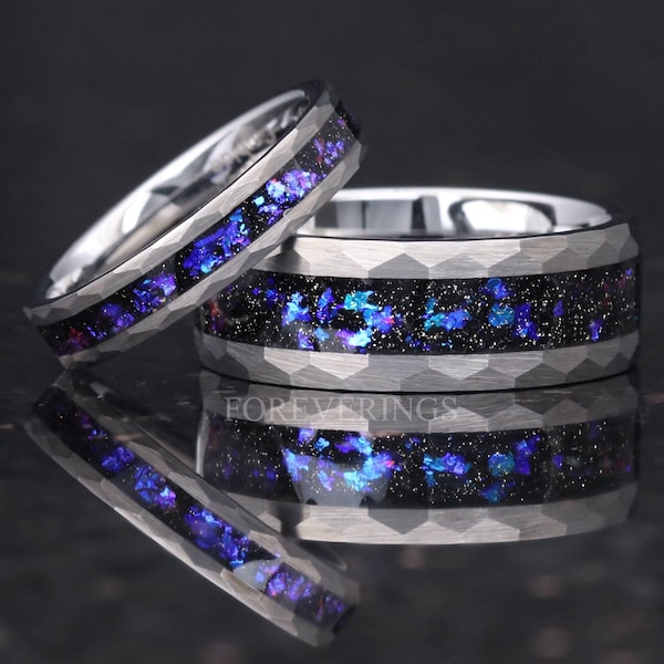 Orion Nebula Ring Set Hammered, His Hers Wedding Band, Silver Tungsten Band, 8mm & 4mm Matching Couple Ring Set, Blue Nebula Ring, Engraving