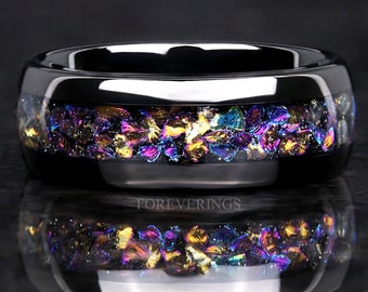 Veil Nebula Ring, Black Tungsten Wedding Band, 8mm-6mm-4mm, Man Woman Outer Space Ring, Comfort Fit, Dome, Polish, Durable, Ring Engraving