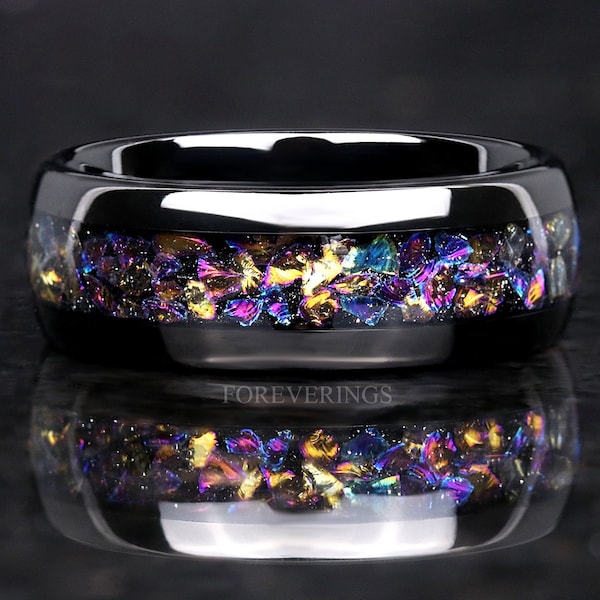 Veil Nebula Ring, Witch's Broom, Black Tungsten Ring, 8mm-6mm-4mm Man Woman Outer Space Ring, Comfort Fit, Black, Dome, Polish