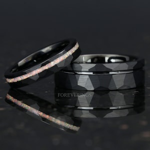 His and Hers Black Tungsten Wedding Band Set, Crushed White Fire Opal, 7mm & 4mm Rings, Couples Ring Set, Hammer, Flat, Brushed, Comfort Fit