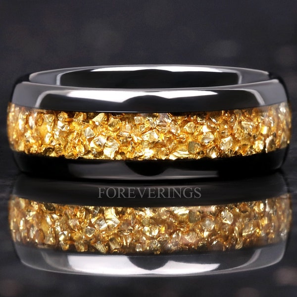8mm Men Tungsten Wedding Band, Crushed Citrine Glass Stones, Black Tungsten Ring, Citrine Ring, Polished, Dome, Comfort Fit