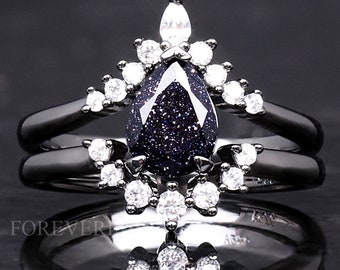 Great Rift Nebula Ring, Black Sandstone Engagement Ring Set, Alternative Ring, 925 Sterling Silver, Space Wedding Ring, Black Gold Ring