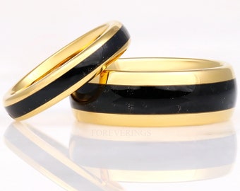 His and Hers Tungsten Wedding Band, Crushed Black Onyx Ring, 8mm & 4mm Gold Plated Ring Set, Couples Ring, Polish, Dome, Comfort Fit