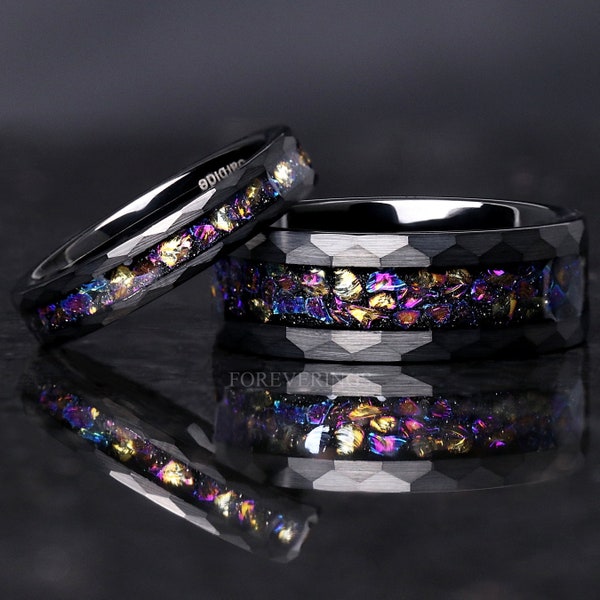 Veil Nebula Ring Set, His and Her Tungsten Wedding Band, 8mm & 4mm Black Ring, Outer Space Couples Ring, Flat, Hammered, Matte, Comfort Fit