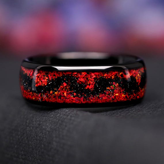 Lava Red Opal Ring 8mm Black Tungsten Mens Wedding Band – Crushed