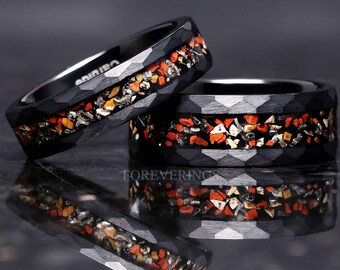 Dinosaur Bone Meteorite Hammered Ring, Matte Black Tungsten Ring, 8mm 6mm Mens Wedding Band, Real Dinosaur Bone Meteorite Ring, Unique Ring