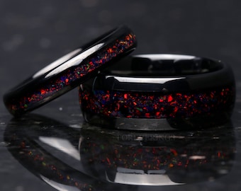 His and Hers Tungsten Wedding Band, Crushed Black Fire Opal Ring, 8mm & 4mm Black Tungsten Ring Set, Couples Ring, Polish, Dome, Comfort Fit