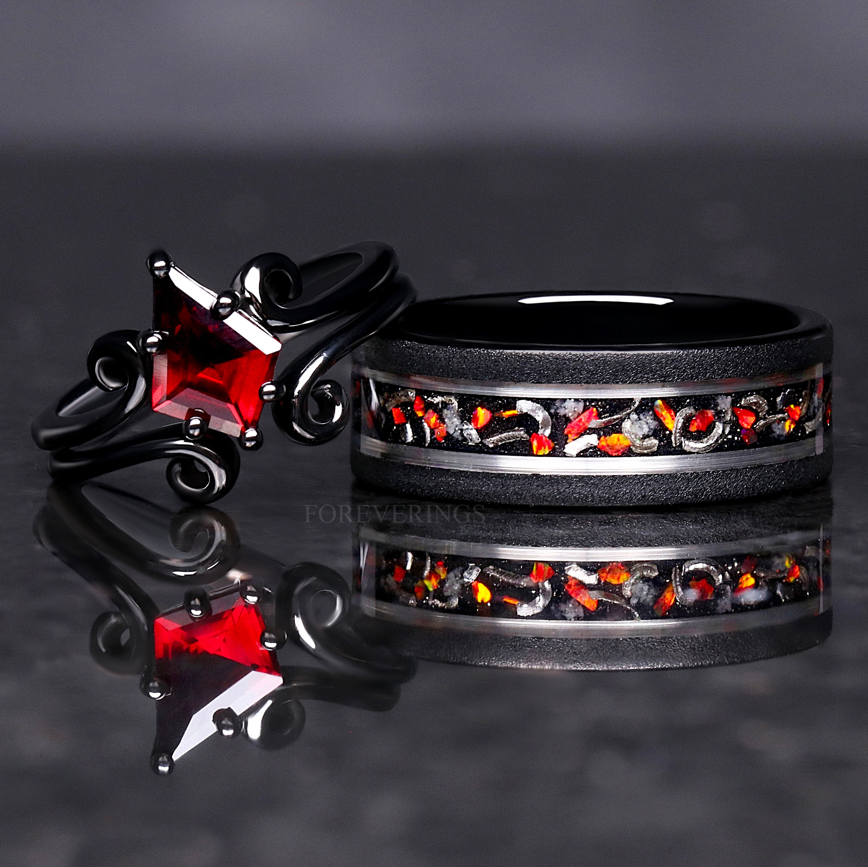 His Her Twirl Garnet & Opal Galaxy Ring Set, Black Nebula