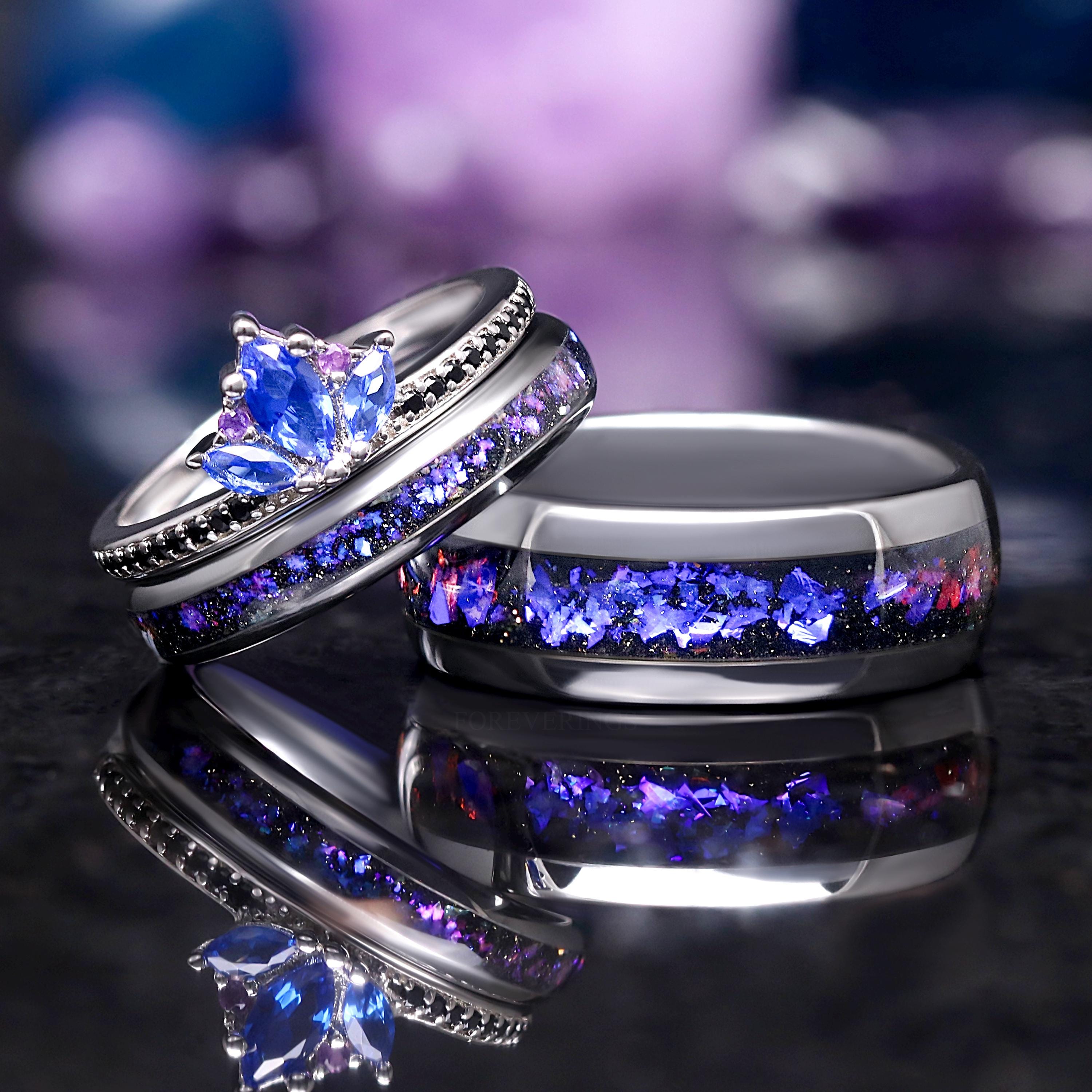 Blue Lotus Orion Nebula Wedding Ring Set: His and Hers Engagement