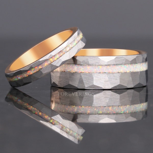 His and Hers Tungsten Wedding Band, Crushed White Fire Opal, 8mm & 4mm Rings, Two-Tone Silver-Rose Gold, Hammer, Flat, Brushed, Comfort Fit