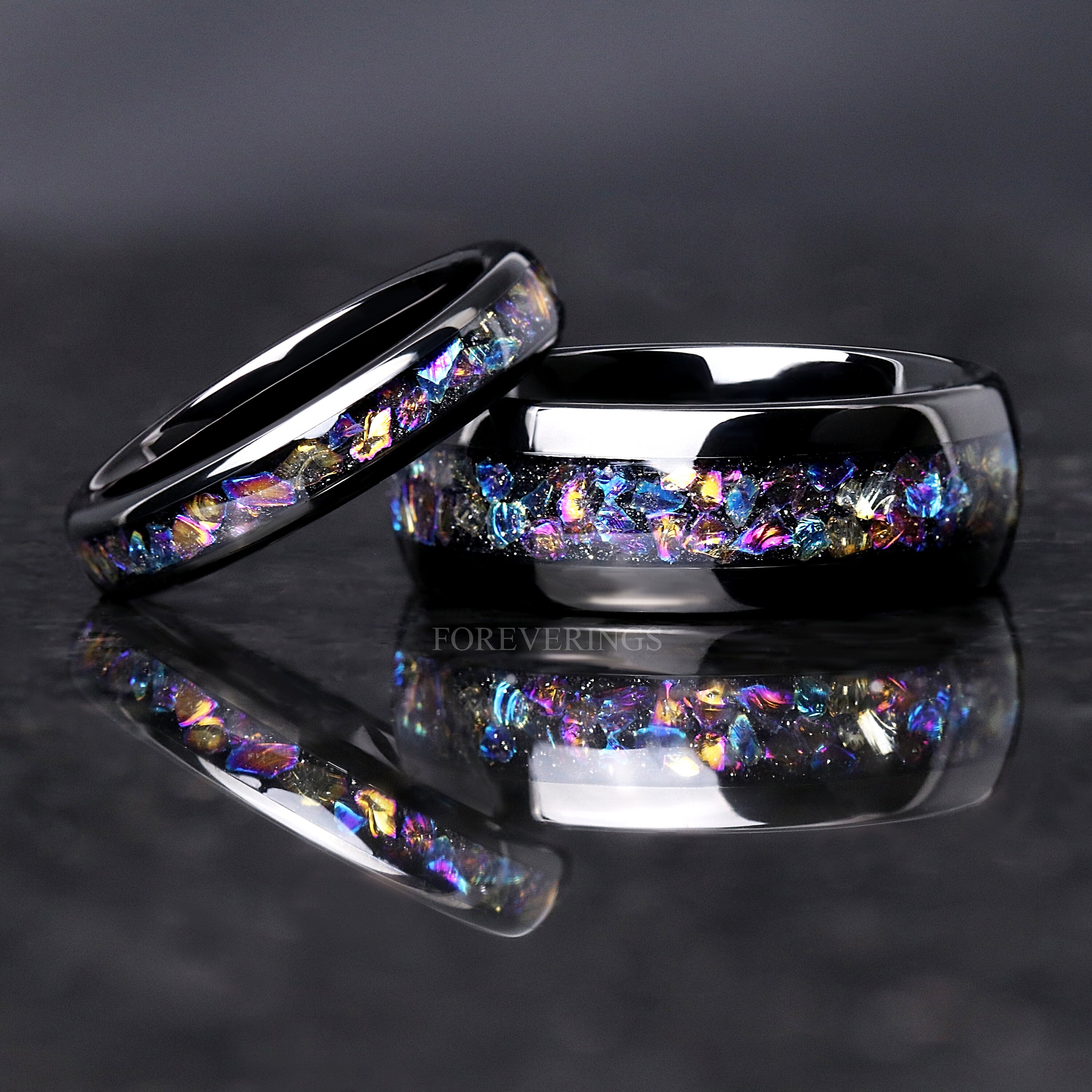Veil Nebula Ring Set, His and Her Tungsten Wedding Band, 8mm & 4mm