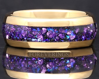 Crab Nebula Ring, Alexandrite Tungsten Wedding Band, Outer Space Ring, Yellow Gold Plating, Dome, Polish, Comfort Fit, Unique Wedding Ring