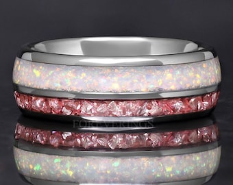 Mens Opal Wedding Band, Crushed White Fire Opal and Morganite, Silver Tungsten Ring