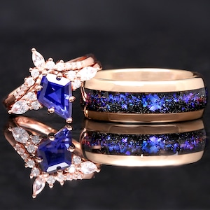 Orion Nebula Ring Set Rose Gold, His and Hers Wedding Bands, Blue Nebula Ring, Sapphire, Matching Couples Ring, Engagement Ring Set, Engrave