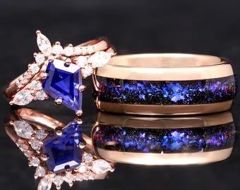 Orion Nebula Ring Set Rose Gold, His and Hers Wedding Bands, Blue Nebula Ring, Sapphire, Matching Couples Ring, Engagement Ring Set, Engrave