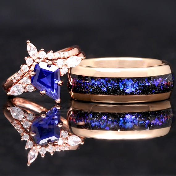 Orion Nebula Ring Set Rose Gold, His and Hers Wedding Bands, Blue Nebula Ring, Sapphire, Matching Couples Ring, Engagement Ring Set, Engrave