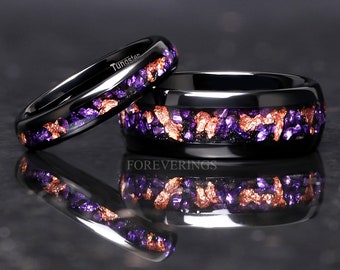 Matching Amethyst Wedding Band Set, Purple Couples Ring Set, His and Hers Tungsten Bands, 8mm & 4mm Black Dome Polish, Comfort Fit Ring